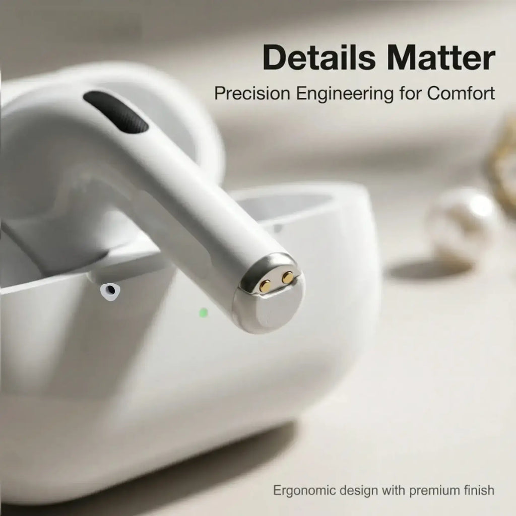 White apple tws in-ear wireless bluetooth earbuds with sleek ergonomic design and metallic finish featuring volume control