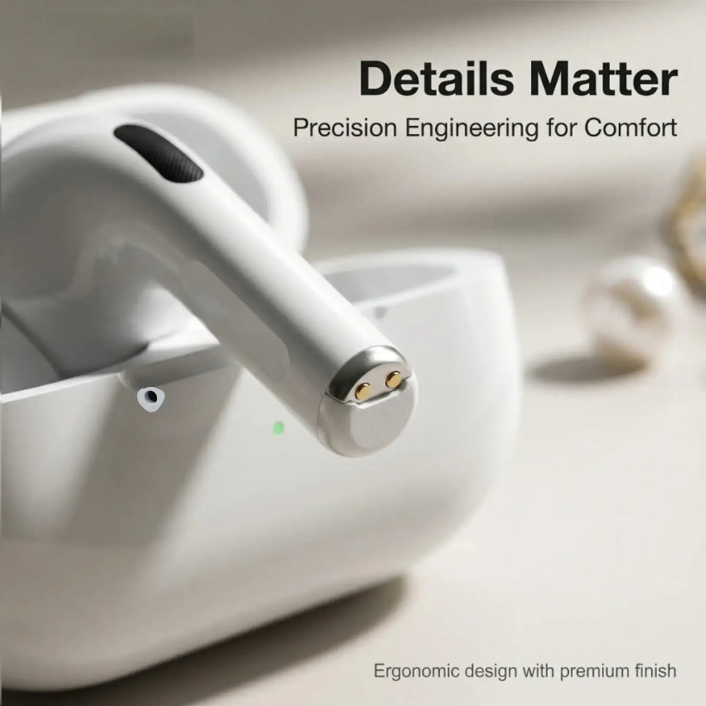 White tws in-ear wireless Bluetooth earbuds featuring sleek metallic accents and volume control for optimal vocalism principle