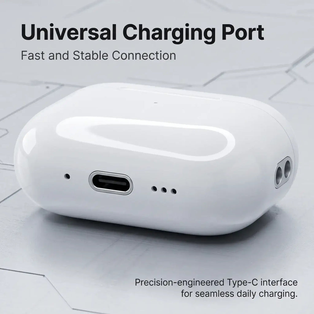 White glossy plastic tws in-ear wireless bluetooth earbuds charging case with sleek oval design and central usb-c port