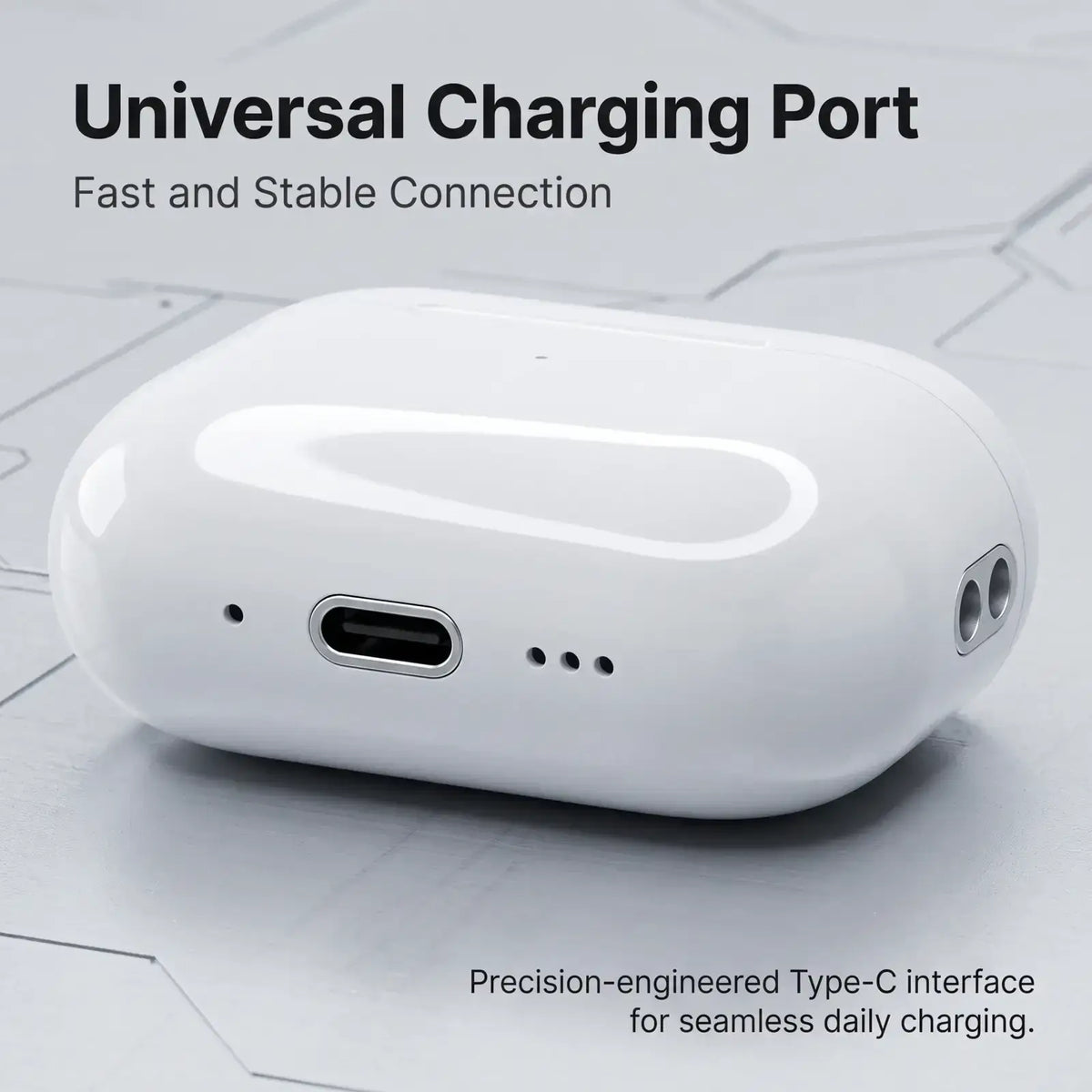 White glossy plastic tws in-ear wireless bluetooth earbuds charging case with sleek oval design and central usb-c port