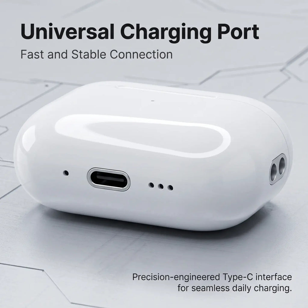 White glossy plastic tws in-ear wireless bluetooth earbuds charging case with type-c port and volume control indicator holes