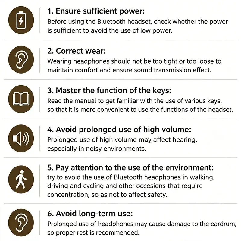 Tws in-ear wireless bluetooth earbuds white user guide showing six numbered tips for vocalism principle and volume control