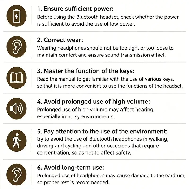 Back side of tws in-ear white wireless bluetooth earbuds user guide with six tips on vocalism principle and volume control