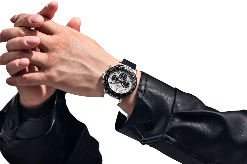 Tyberley men’s quartz chronograph watch with black leather strap silver case and white dial with three subdials