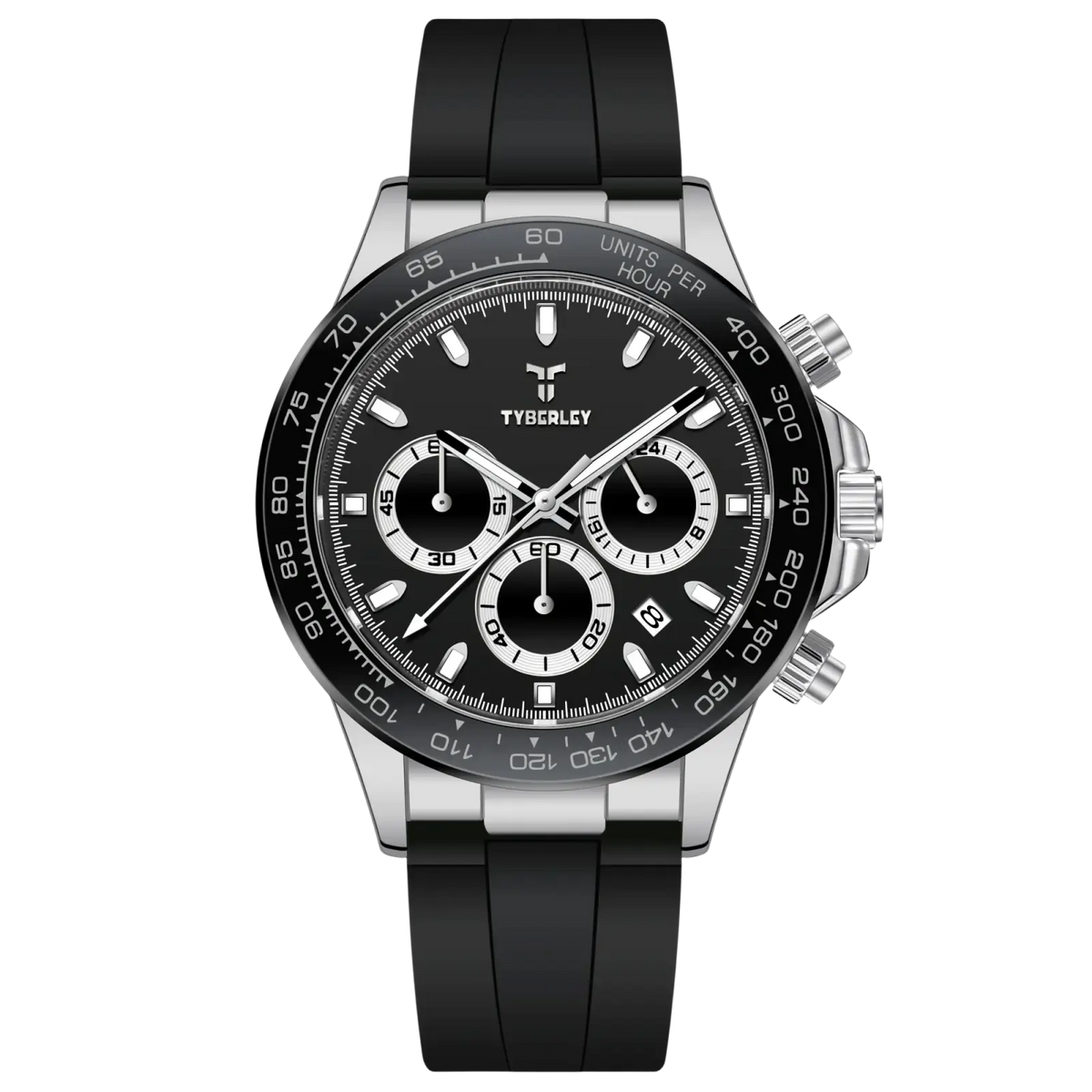 Tyberley men’s quartz chronograph watch with black rubber strap silver stainless steel case and black dial with white markings
