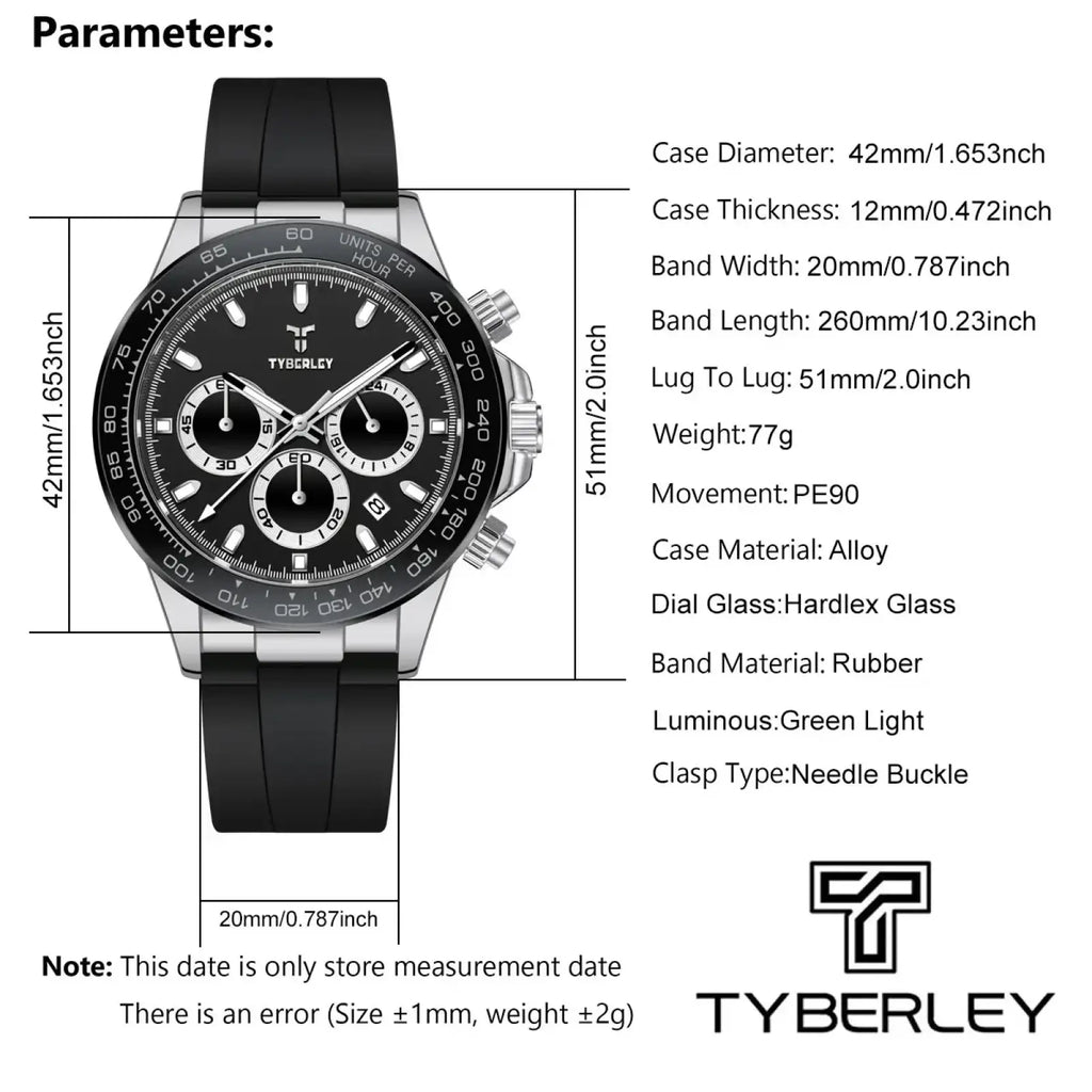 Tyberley men’s quartz chronograph watch with black rubber strap silver alloy case black dial and green luminous hands