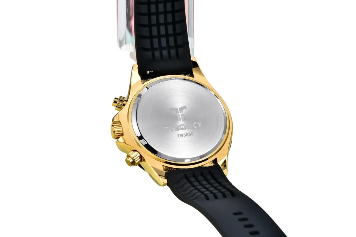 Tyberley men’s quartz chronograph watch in gold tone with black rubber strap shown from the engraved back side