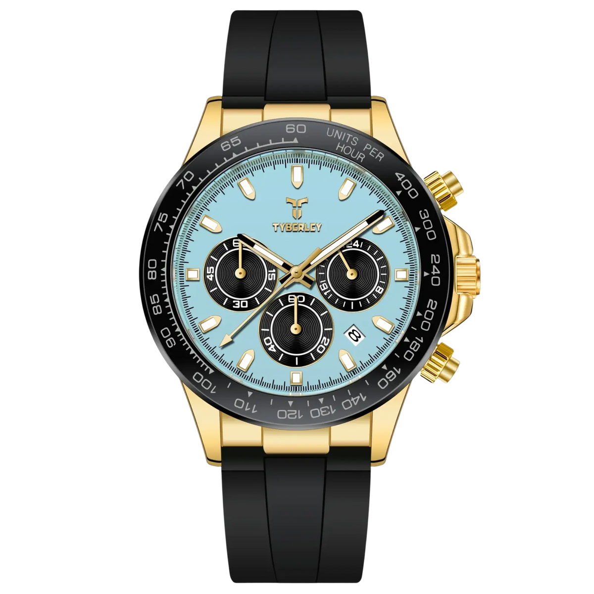 Tyberley men’s quartz chronograph rubber watch with gold-tone case, light blue dial, black rubber strap, and three subdials