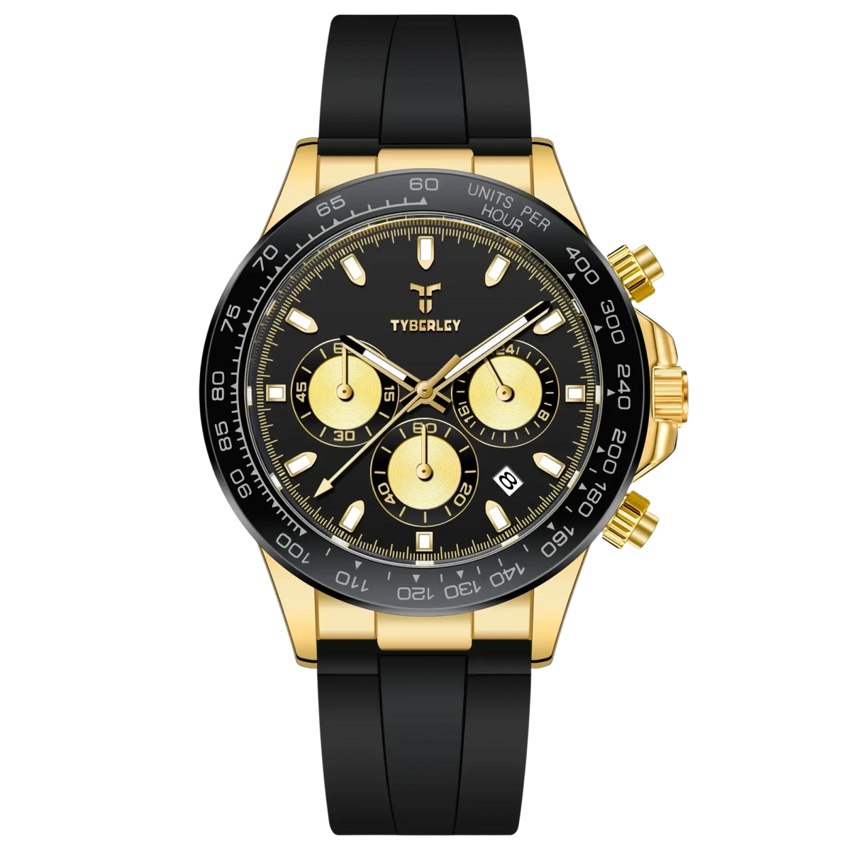 Gold-tone tyberley men’s quartz chronograph watch with black rubber strap and three subdials on the face
