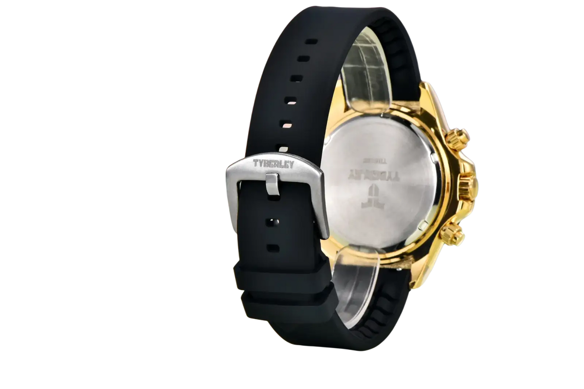 Tyberley men’s quartz chronograph watch with gold-tone case, black rubber strap, and silver-toned buckle