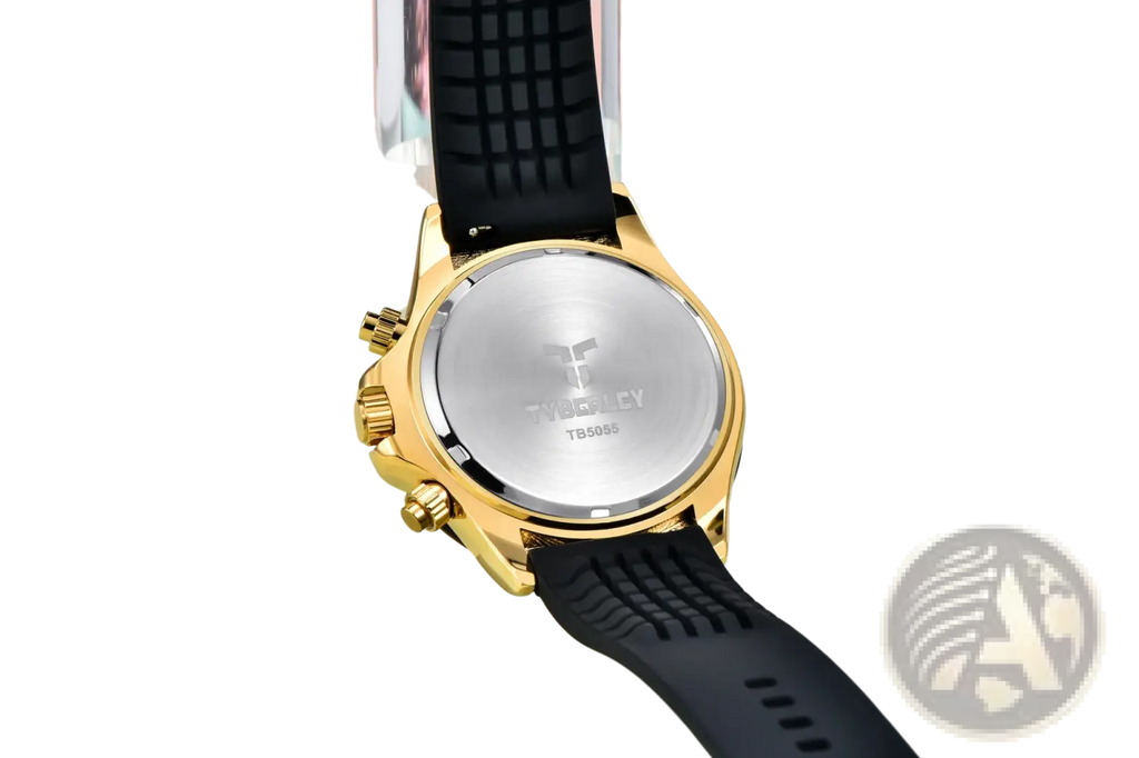 Tyberley men’s quartz chronograph watch in gold tone with black rubber strap shown from the engraved back side