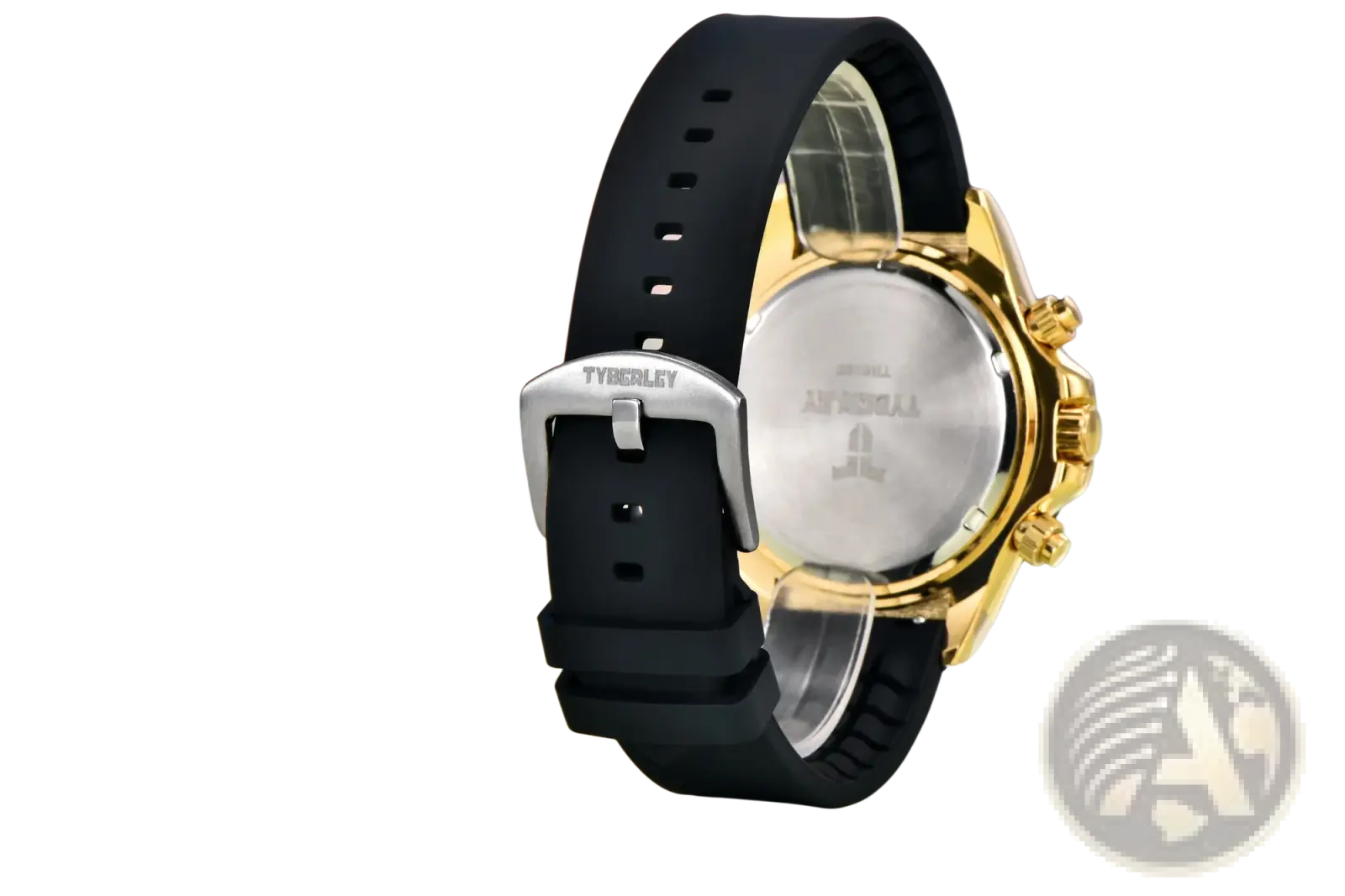 Tyberley men’s quartz chronograph watch with gold-tone case, black rubber strap, and silver-toned buckle