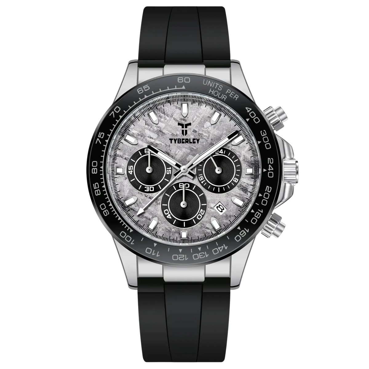 Silver-toned tyberley men’s quartz chronograph watch with black rubber strap and textured gray dial with three subdials