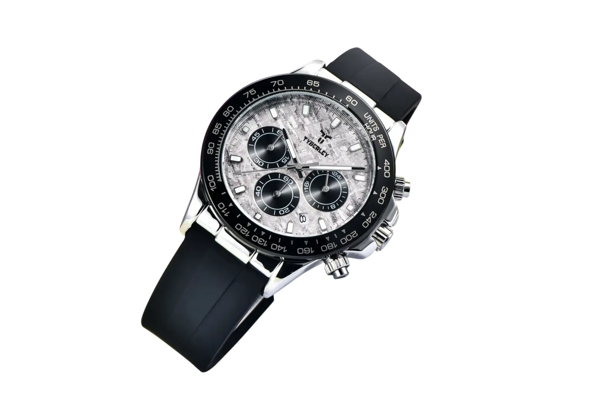 Tyberley men’s quartz chronograph watch with silver tone, textured gray dial, black subdials, and black rubber strap