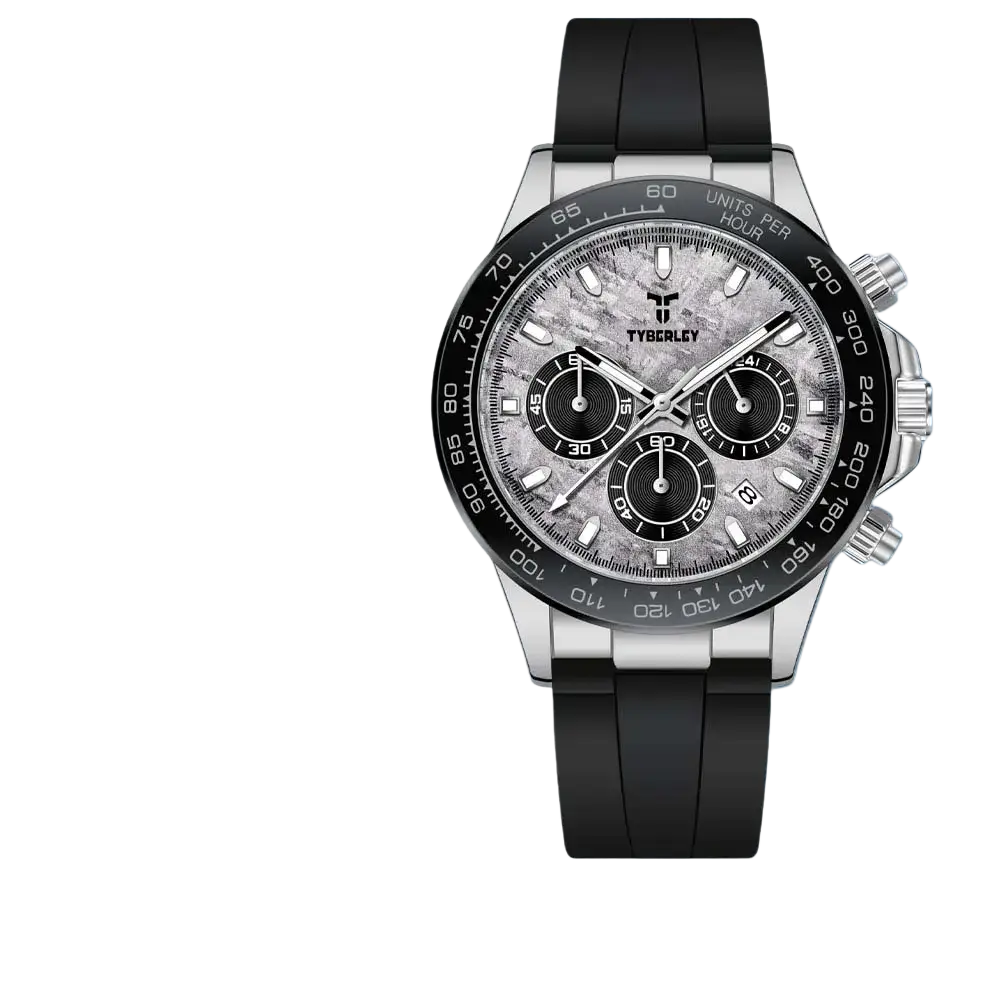 Silver-toned tyberley men’s quartz chronograph watch with black rubber strap and gray marbled dial featuring three subdials