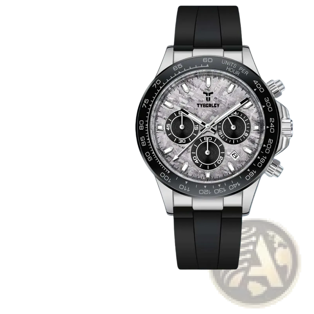 Silver-toned tyberley men’s quartz chronograph watch with black rubber strap and gray marbled dial featuring three subdials