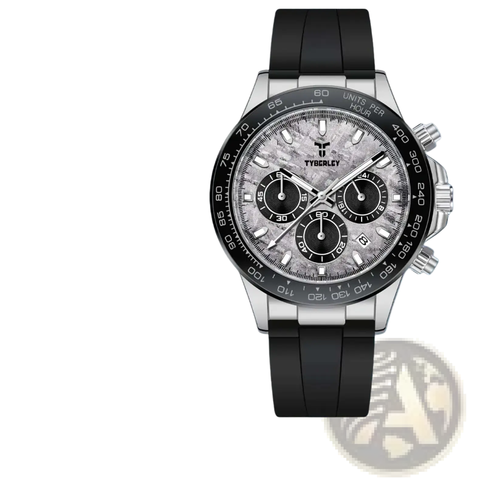 Silver-toned tyberley men’s quartz chronograph watch with black rubber strap and gray marbled dial featuring three subdials