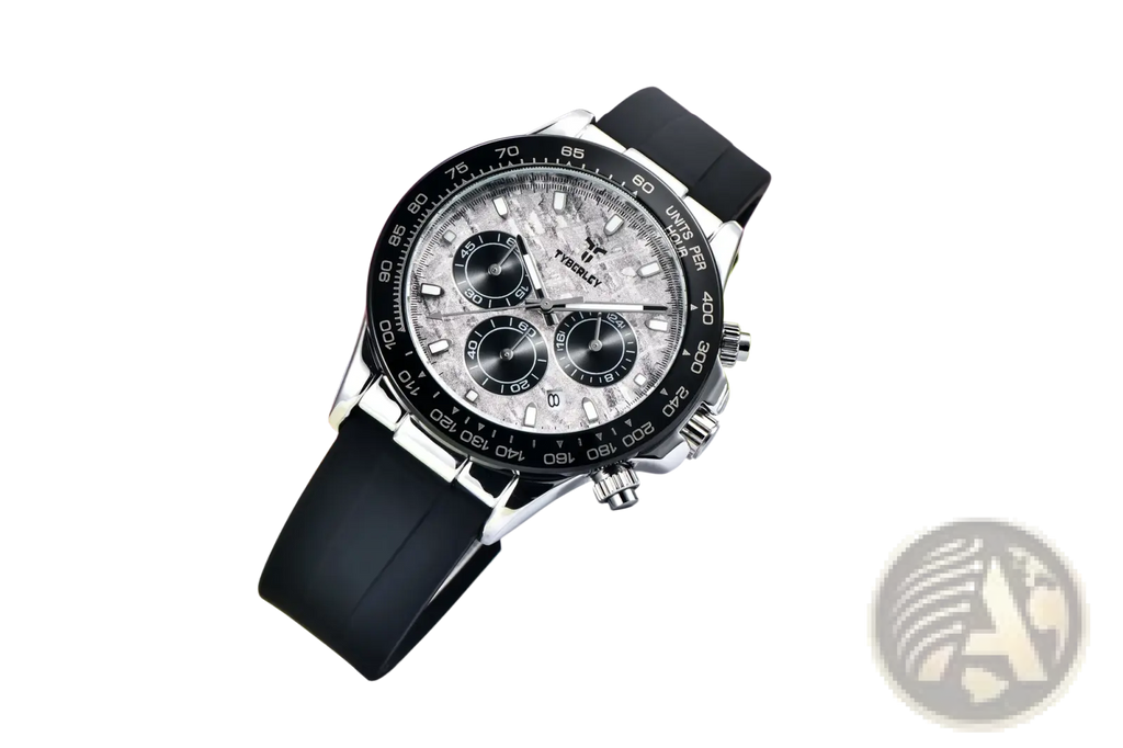 Tyberley men’s quartz chronograph watch with silver tone, textured gray dial, black subdials, and black rubber strap