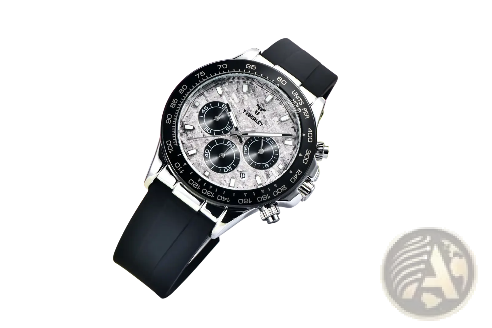 Tyberley men’s quartz chronograph watch with silver tone, textured gray dial, black subdials, and black rubber strap