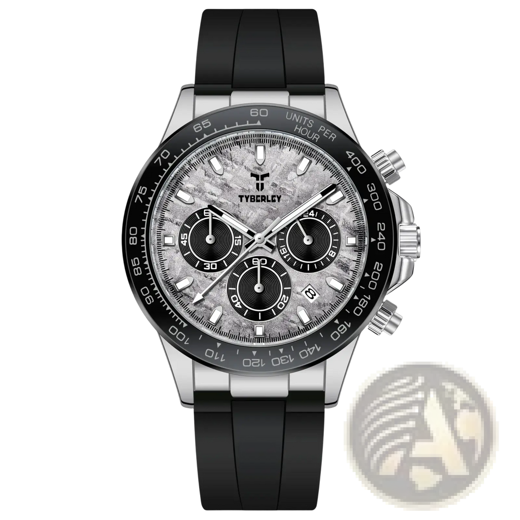 Silver-toned tyberley men’s quartz chronograph watch with black rubber strap and textured gray dial with three subdials