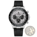 Silver-toned tyberley men’s quartz chronograph watch with black rubber strap and textured gray dial with three subdials
