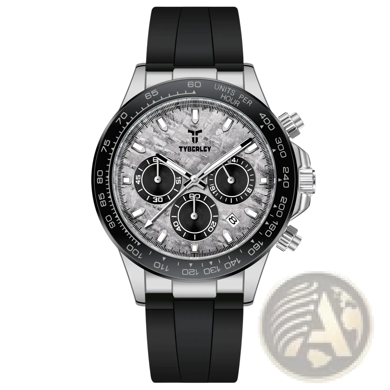 Silver-toned tyberley men’s quartz chronograph watch with black rubber strap and textured gray dial with three subdials