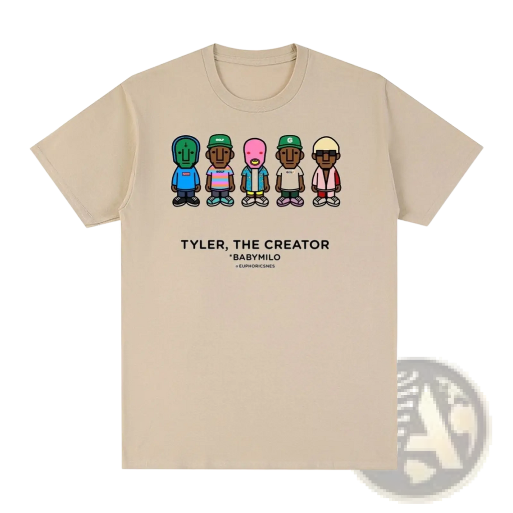 Beige short-sleeved vintage cotton t shirt featuring cartoon figures and tyler the creator baby milo graphic