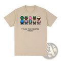 Beige short-sleeved vintage cotton t shirt featuring cartoon figures and tyler the creator baby milo graphic