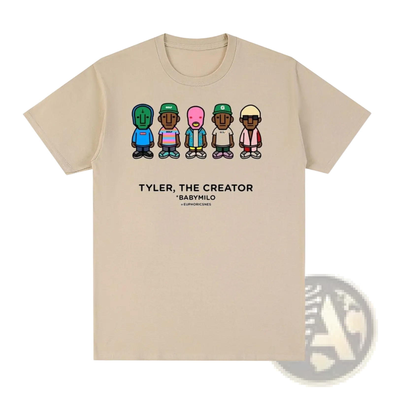 Beige short-sleeved vintage cotton t shirt featuring cartoon figures and tyler the creator baby milo graphic