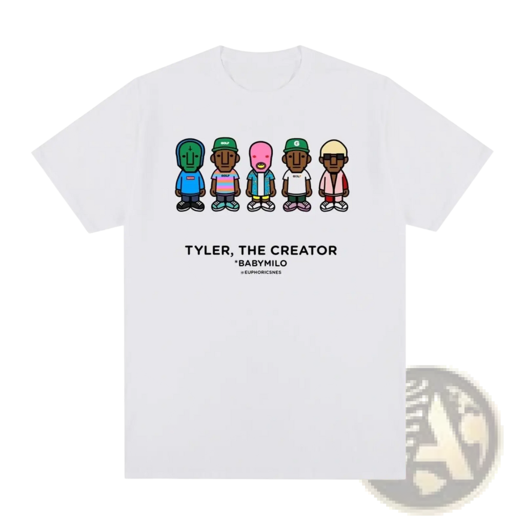 White cotton t shirt featuring a colorful cartoon graphic of five figures with tyler the creator and babymilo text