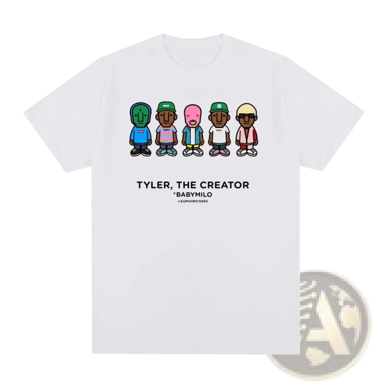 White cotton t shirt featuring a colorful cartoon graphic of five figures with tyler the creator and babymilo text