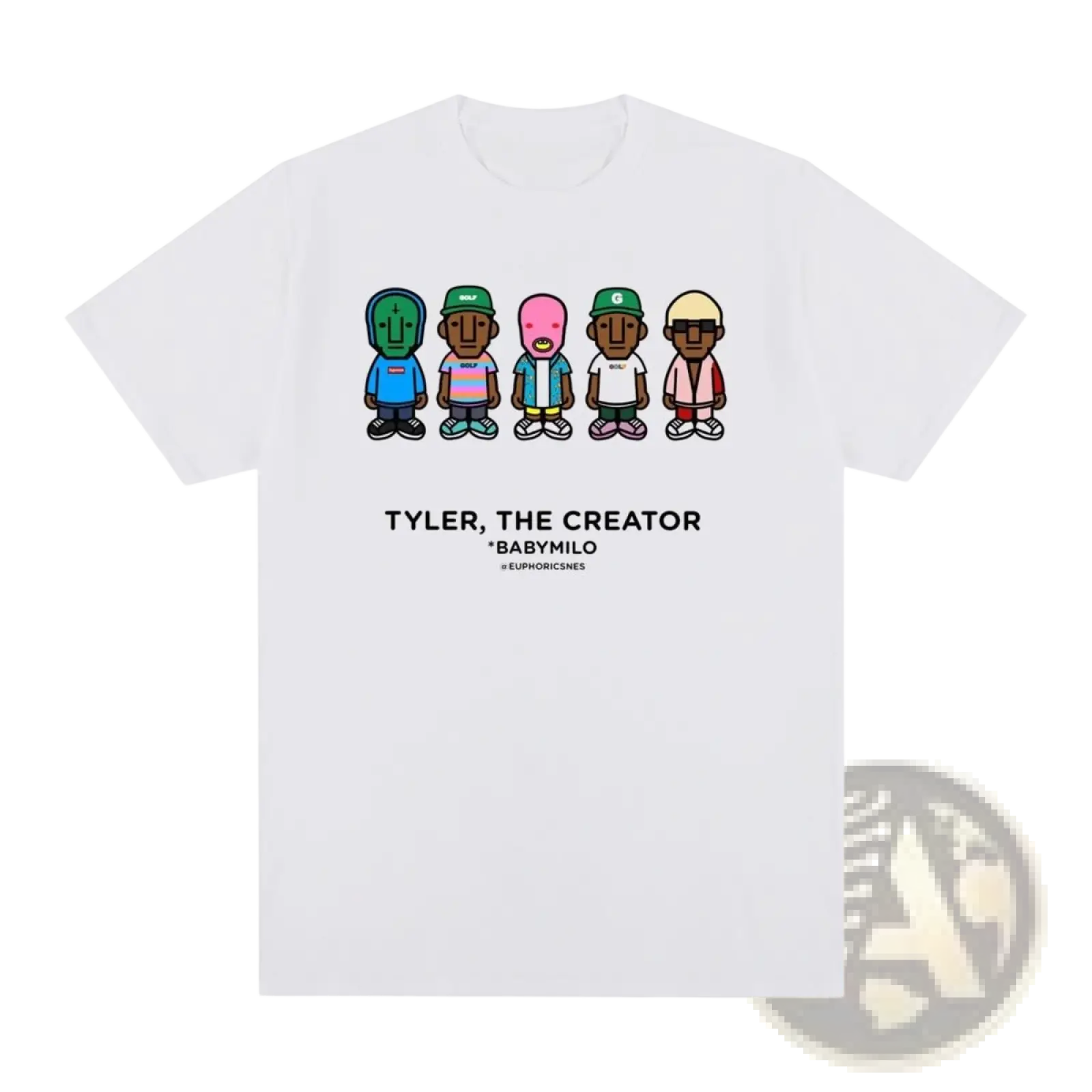 White cotton Tyler the Creator Baby Milo vintage t shirt featuring colorful cartoon figures and text graphics on front