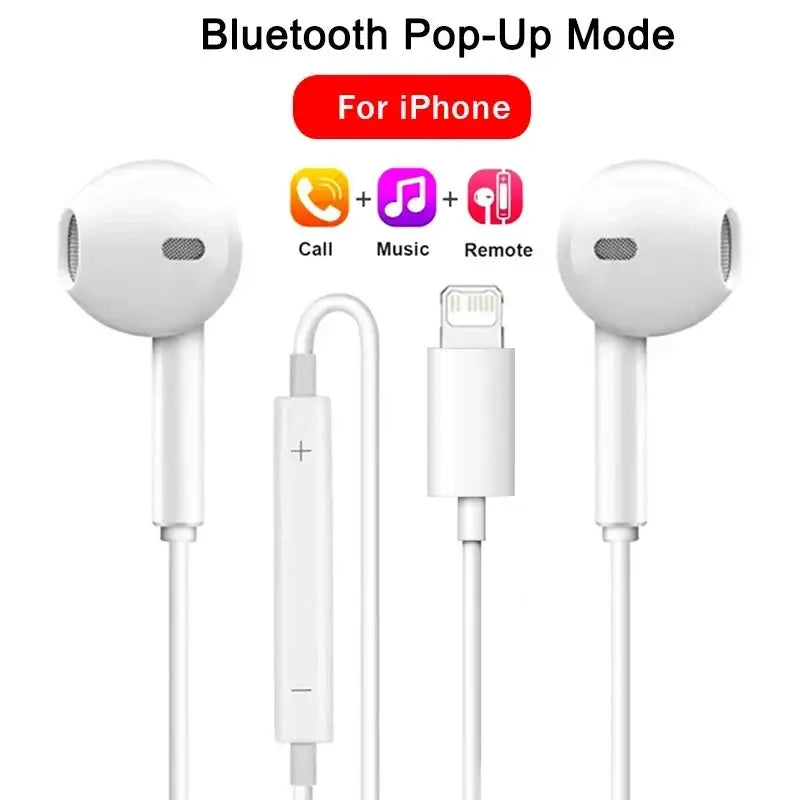 White wired in-ear earphones with lightning connector and inline control module designed for iphone compatibility
