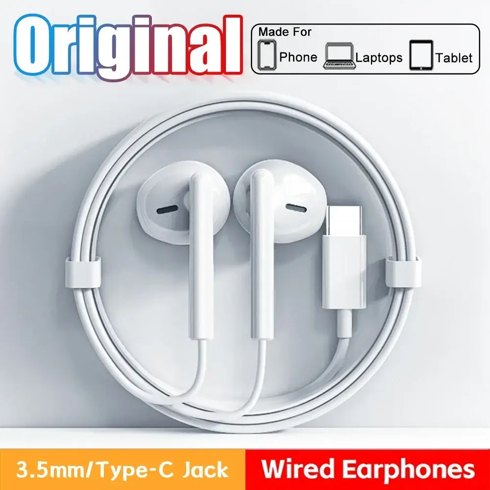 Type c wired in-ear earphones white with 3.5mm and type c jack, sleek minimalist design for phones laptops and tablets