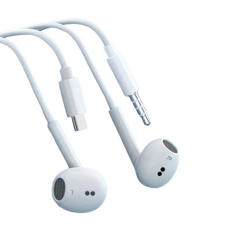 White type c wired in-ear earphones with sleek minimalist design and dual connectors for versatile compatibility