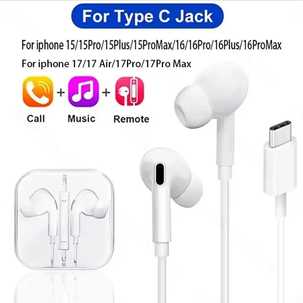 White type c wired earphones with in-ear buds and inline remote control for iphone pro max earphone model
