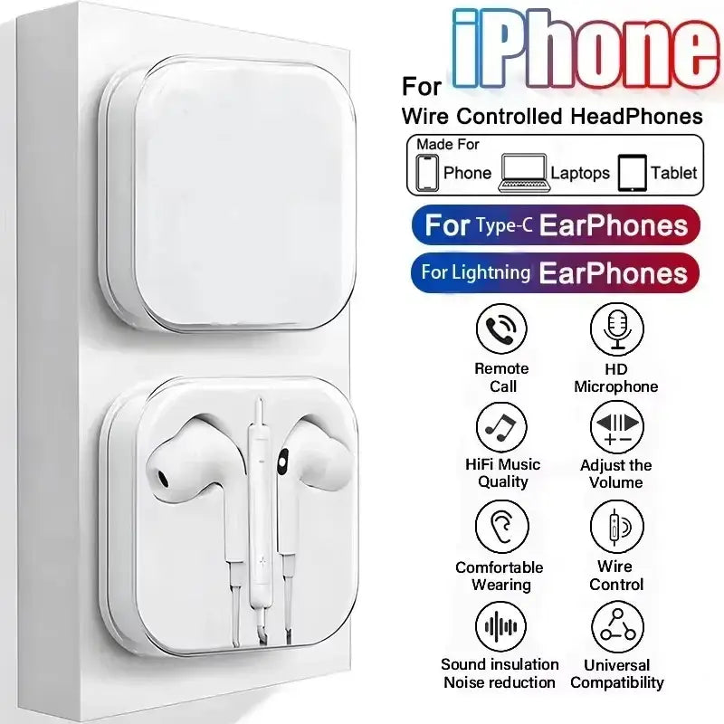 White wired earphones pro max model with central control module compatible with type c and lightning connectors for iphone
