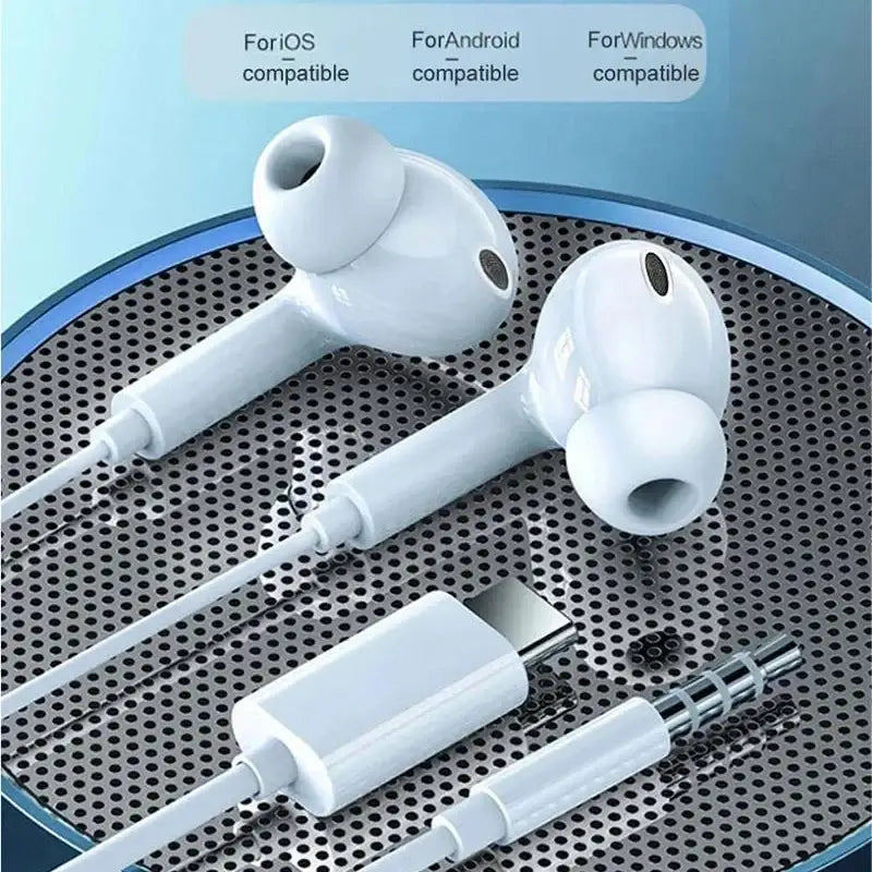 Type c wired earphones pro max earphone in white with usb-c to 3.5mm adapter compatible with ios android and windows devices