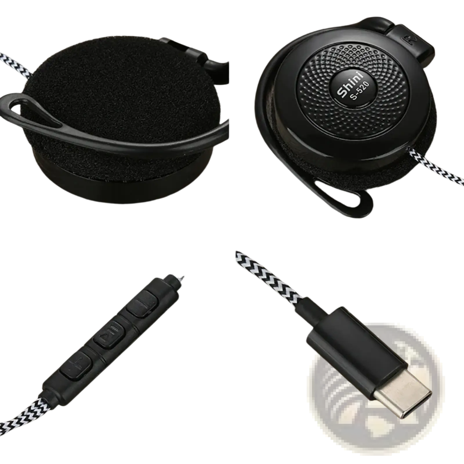 Black shim s-320 type c wired sport headphones with textured ear cups, foam cushions, braided cable, and usb-c connector