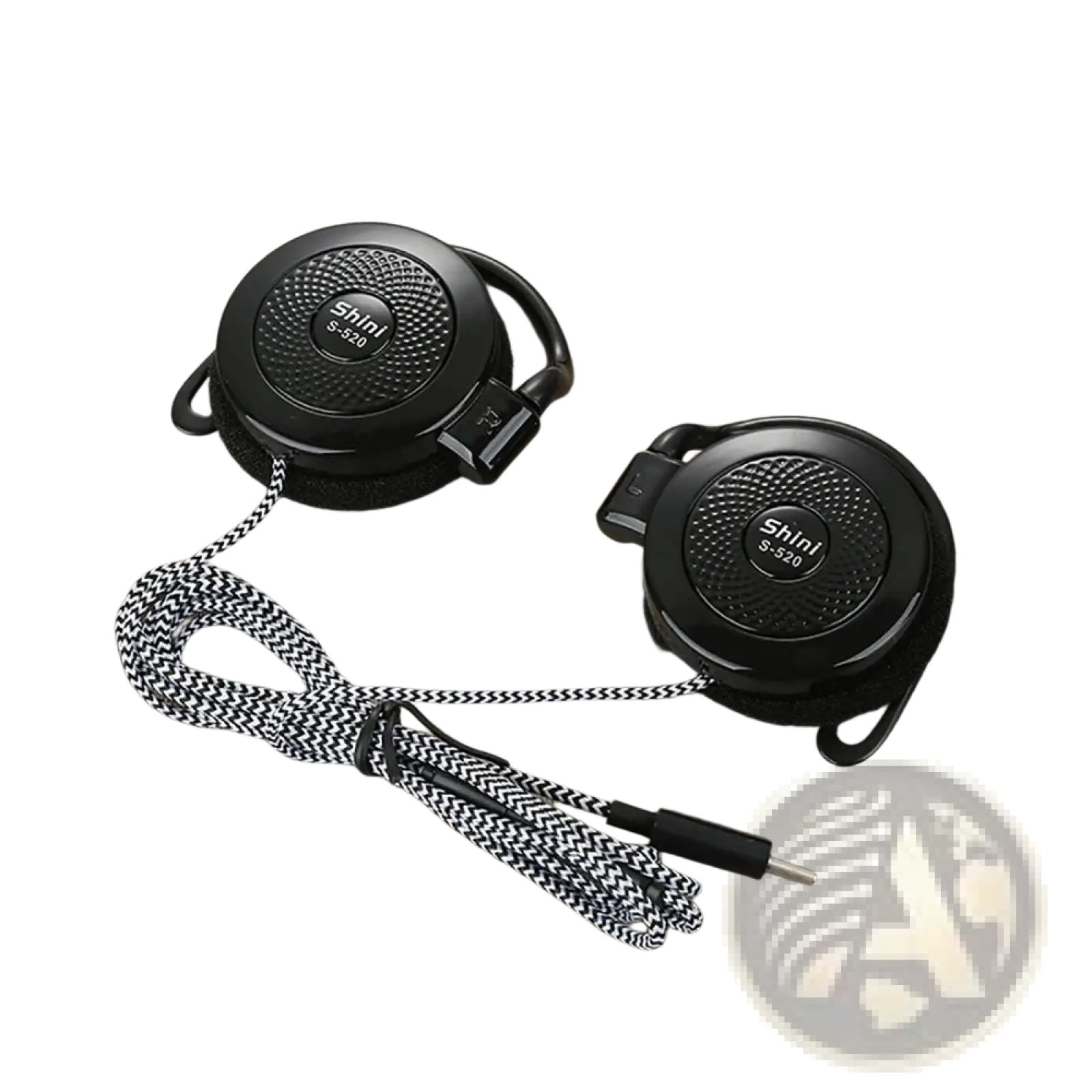 Black shini s-520 clip-on type c wired earphones with black and white herringbone-patterned cable for sports use