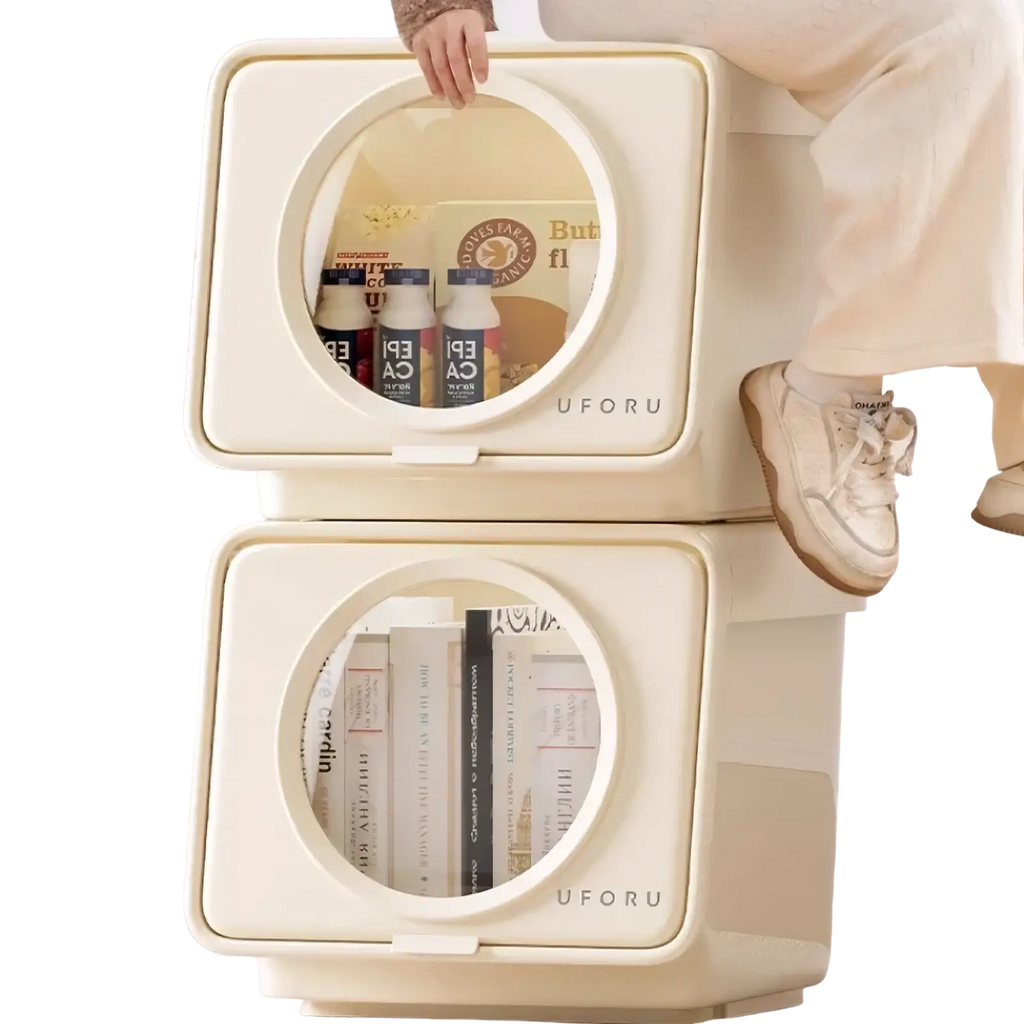 Cream-colored uforu minimalist storage box with large capacity and circular transparent window for easy viewing