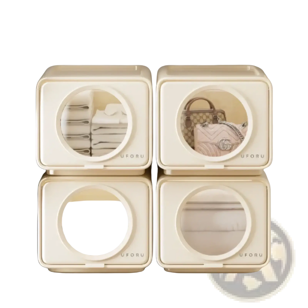Cream-colored uforu minimalist storage bins with circular transparent windows and large capacity for organization