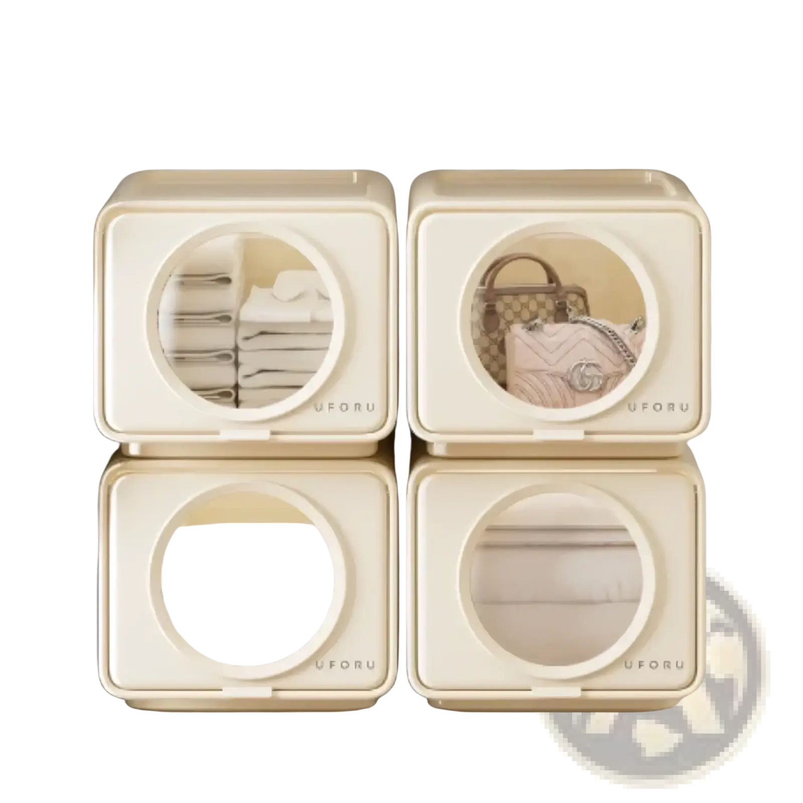 Cream-colored uforu minimalist storage bins with circular transparent windows and large capacity for organization