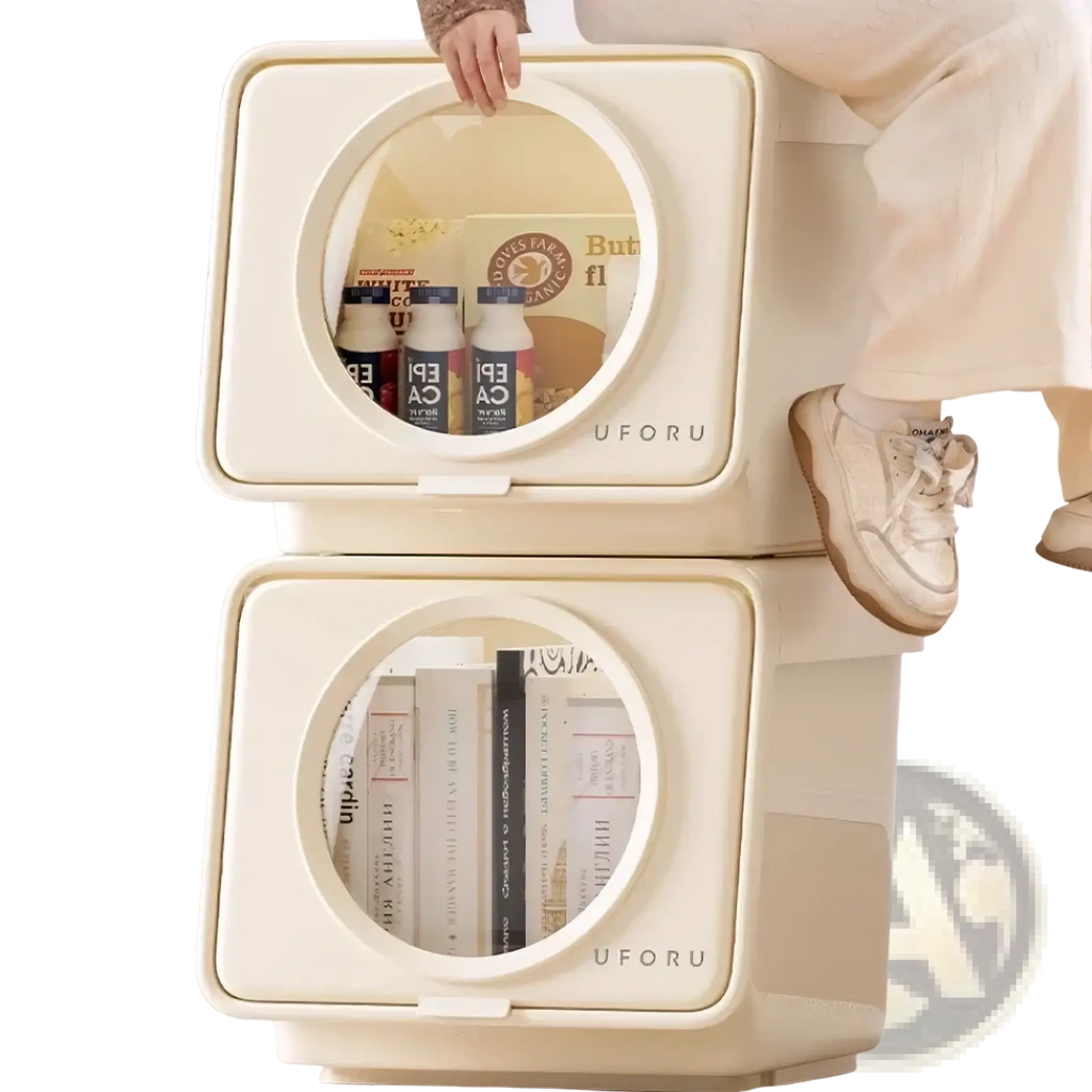 Cream-colored uforu minimalist storage box with large capacity and circular transparent window for easy viewing