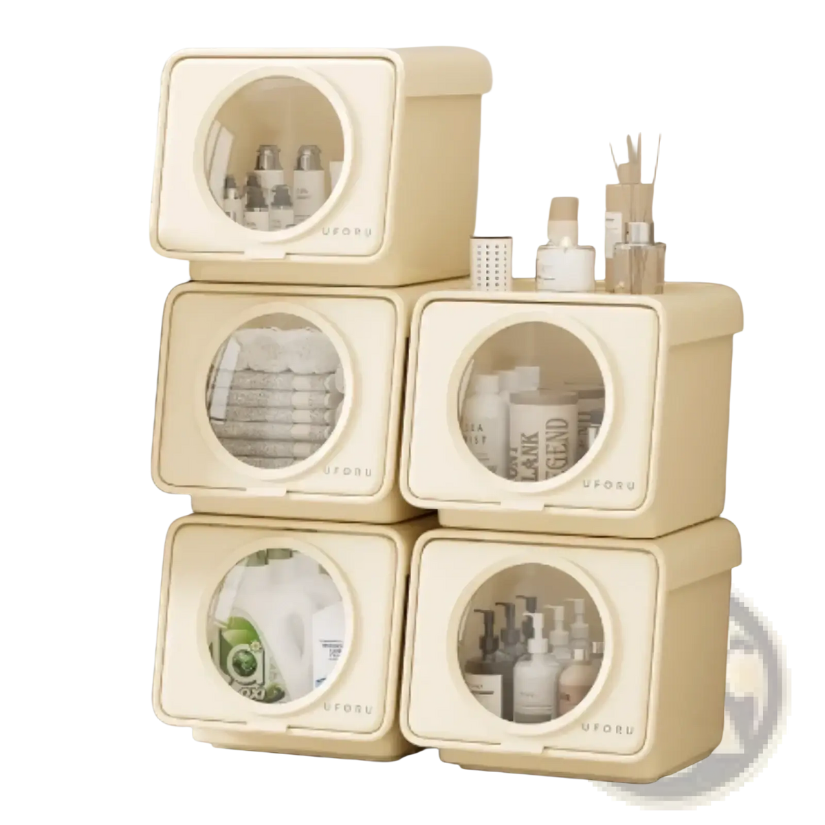 Cream-colored plastic uforu minimalist storage boxes with circular transparent windows and large capacity