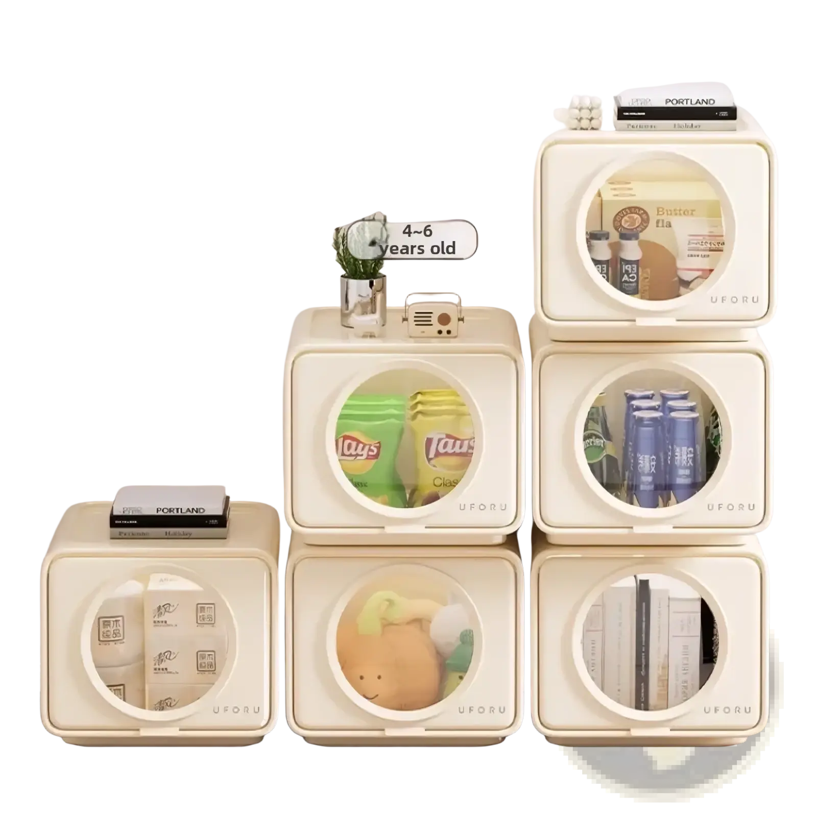 Cream-colored plastic uforu minimalist storage boxes with large capacity and circular transparent windows