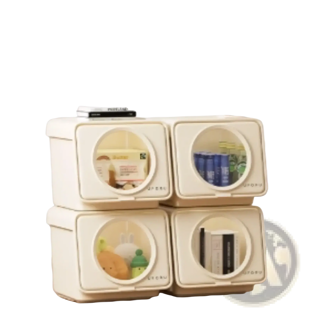 Cream-colored plastic storage boxes with circular transparent windows and minimalist design for large capacity organization