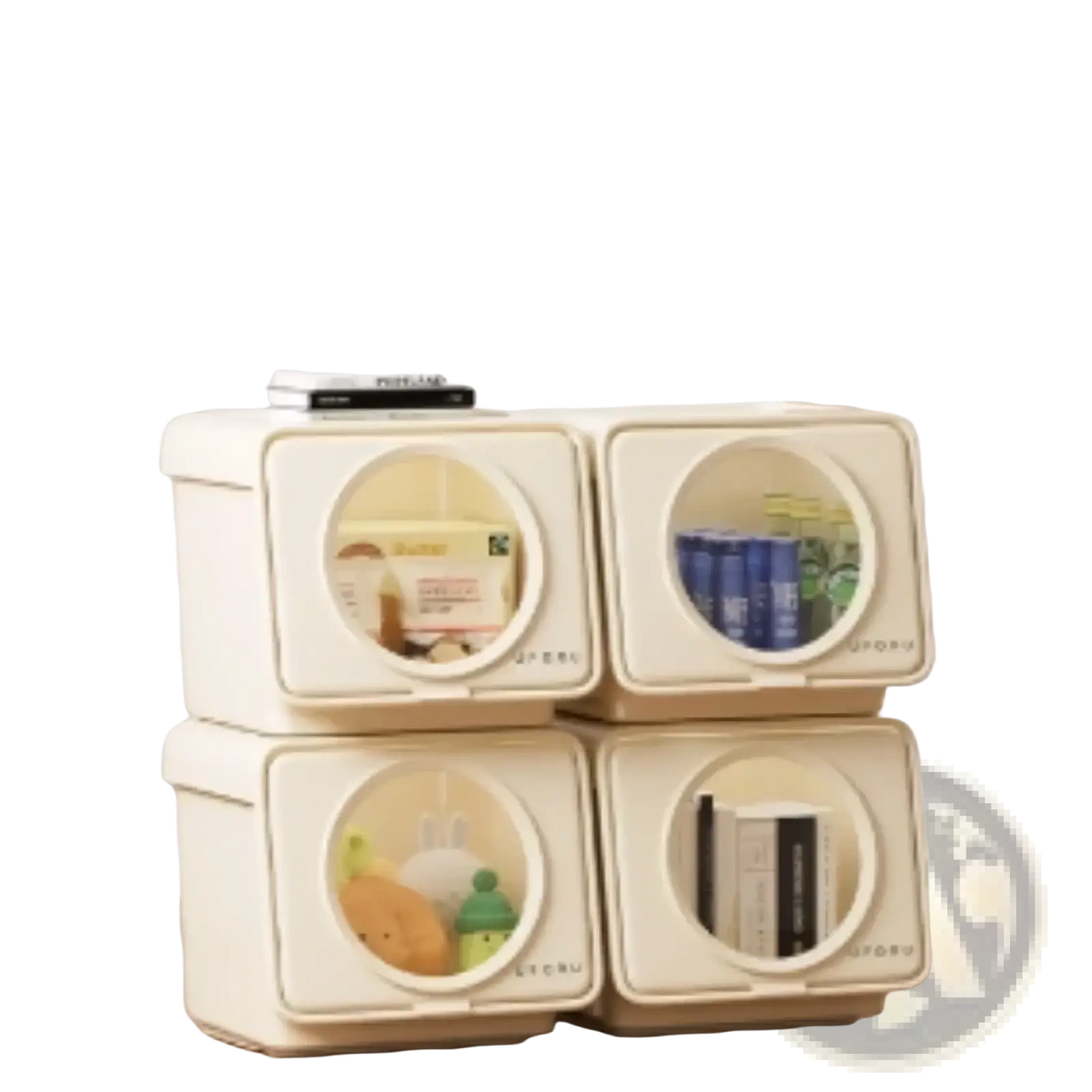 Cream-colored plastic storage boxes with circular transparent windows and minimalist design for large capacity organization