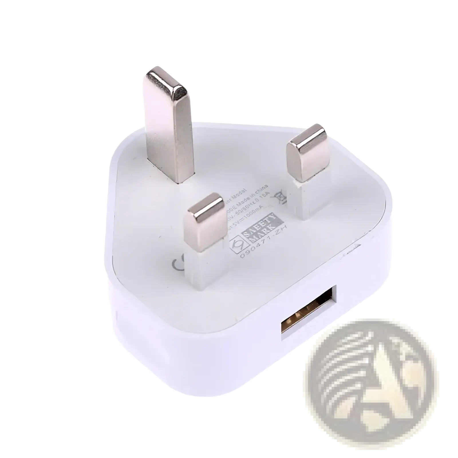 White plastic uk 3-pin dual usb wall charger adapter with three metallic prongs and usb port visible from the back side