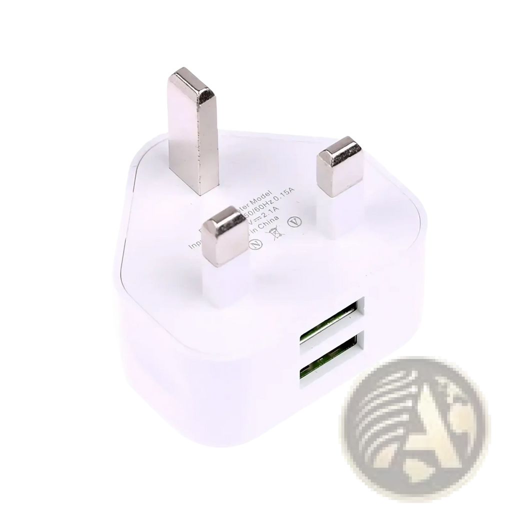 White plastic uk 3-pin dual usb wall charger adapter with two usb ports and metallic prongs for power charging